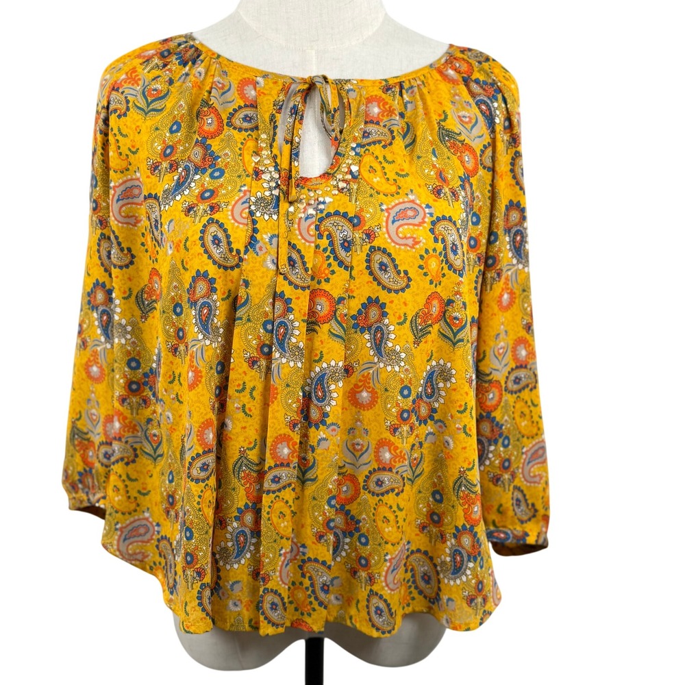 Princess Vera Wang Sheer Studded Blouse S Yellow‎ Paisley Peasant Keyhole Boho